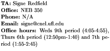 $\textstyle \parbox{3.0in}{
{\bf TA:} Signe Redfield \hfill \newline
{\bf Office...
...(4:05-4:55),
Thurs 6th period (12:50pm-1:40) and 7th period (1:55-2:45)
\par }$